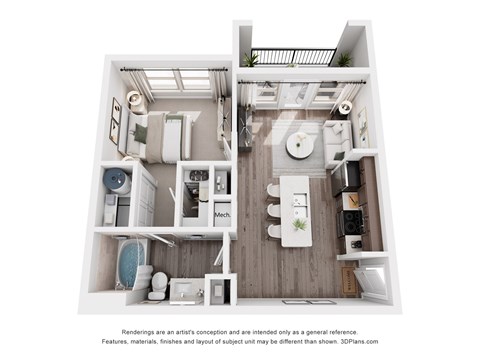 Floor plan for 1 bed, 1 bath, 597 sqft